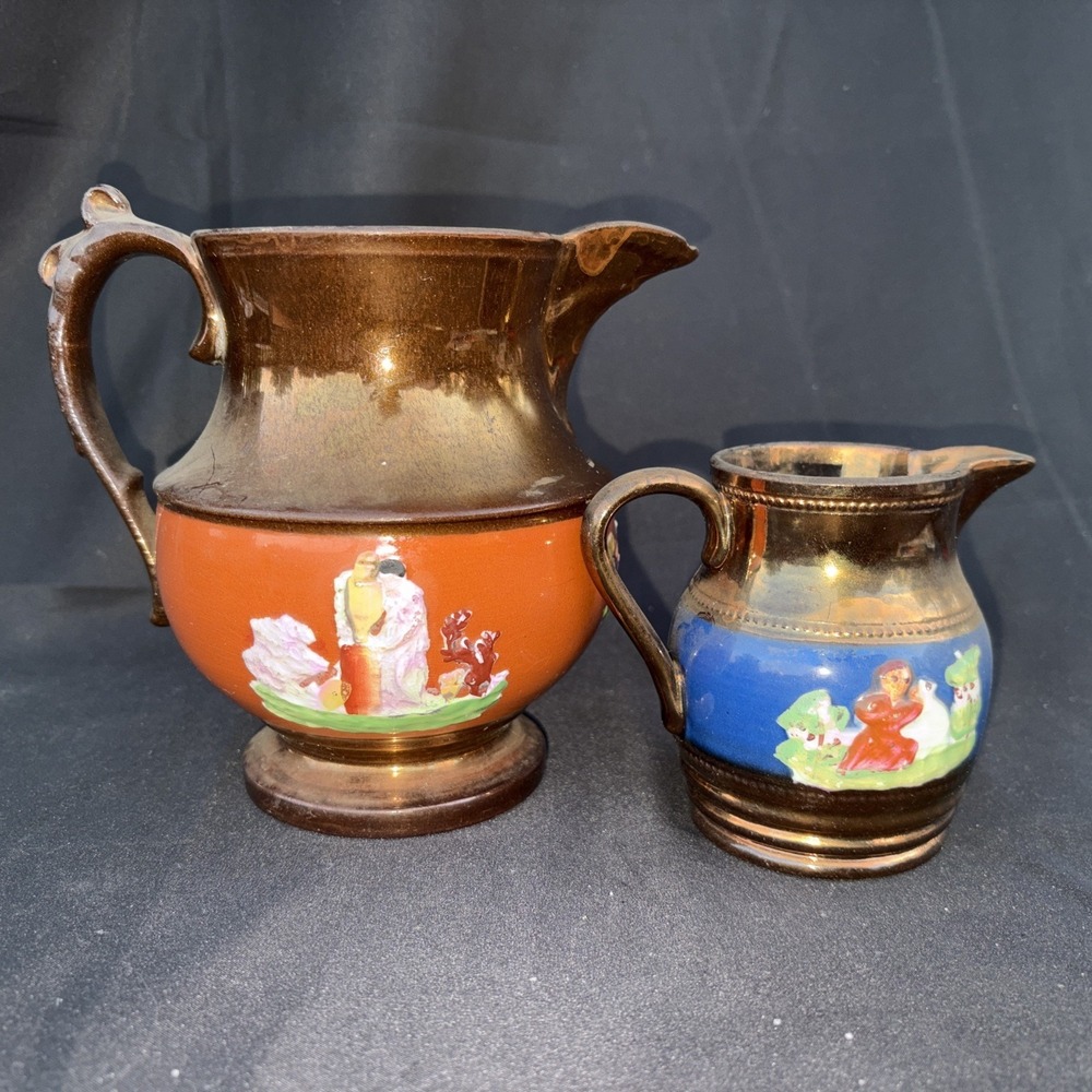Pair Of Antique Victorian Small Copper Lusterware Staffordshire Pitcher/Jug